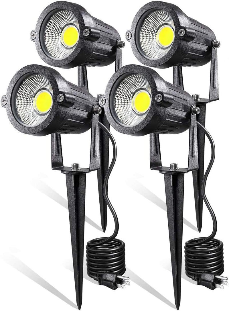 Z_جوده وثقه LED Landscape Lights,5W Outdoor Pathway Garden Yard Spotlight,IP65 Waterproof Garden Floodlight,Outdoor Spotlight with Stake,UL Cord 5-ft with Plug 6500K Daylight White(Pack of 4) - Image 1